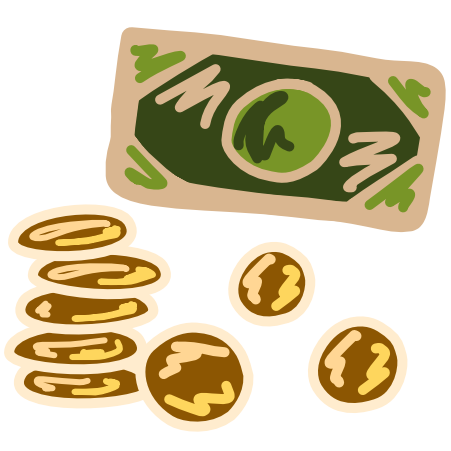 A green bit of paper money sits above a stack of golden coins, scattered beside the stack are 3 more coins. The image has light line art.